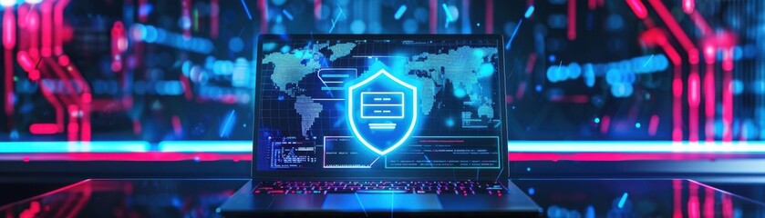 Laptop with shield, blue access granted message, encrypted data symbol, front view, highlights secure login, technology tone, complementary color scheme