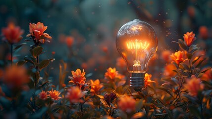 A Glowing Light Bulb in a Field of Orange Flowers at Dusk
