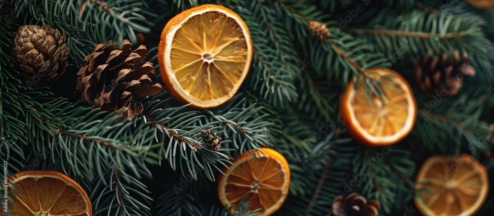 Poster a festive christmas card with a copy space image nestled in a fir tree adorned with orange slices an