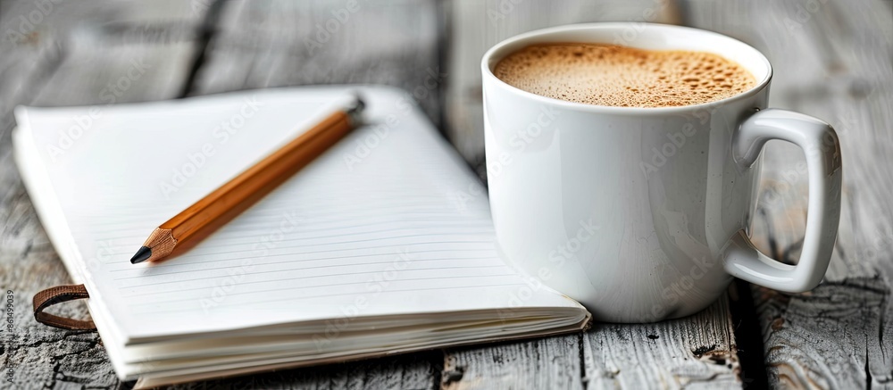 Poster a blank page in a notebook with a pencil and a cup of coffee in the background, perfect for a copy s