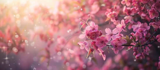 Obraz premium A stunning landscape with a blooming tree covered in pink spring flowers creates a vibrant spring blossom background with a blurred foreground, ideal for copy space image.