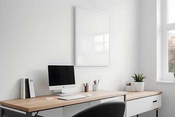 Modern home office with a poster frame mockup hanging on a wall above a minimalist desk adorned with office supplies and a system.