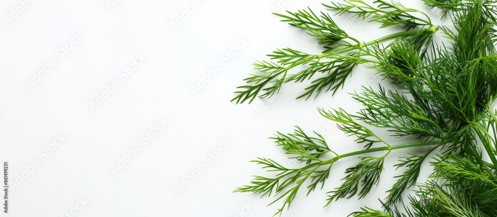 Poster a close-up studio image of green dill sprigs on a white background with a frame for text, isolated w