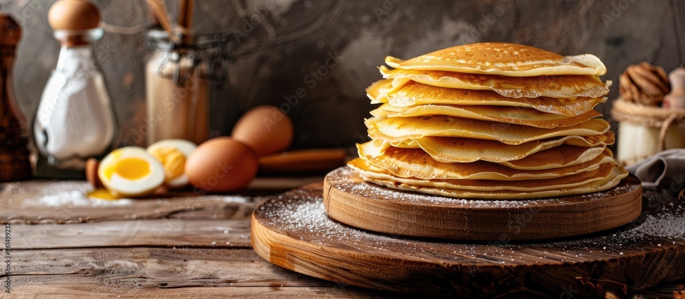 Poster a stack of large pancakes on the table being cooked, with a copy space image.