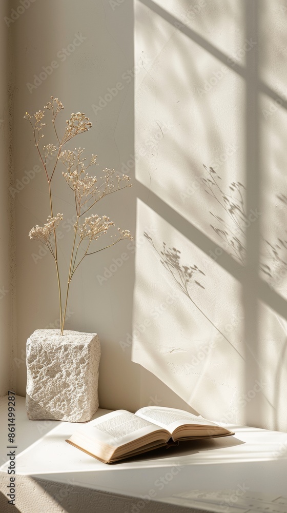 Poster Serene Book Display in Minimalist Setting with Soft Beige Background and Gentle Sunlight Patterns