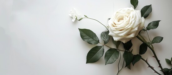 Fototapeta premium A white rose displayed on a white backdrop with ample space for text, ideal for floral settings, wedding themes, lingerie, and fragrance promotions.