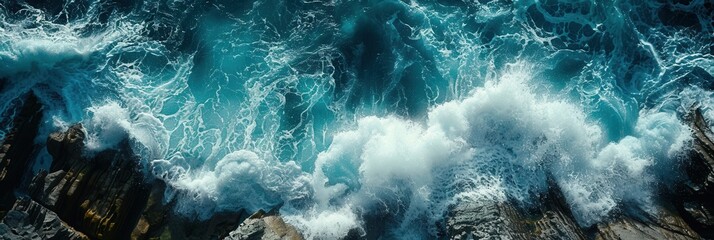 A dramatic aerial view of crashing ocean waves against picturesque rocks. Perfect for surf schools and adventure tourism companies. Generative AI