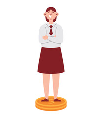 businesswoman standing on coins