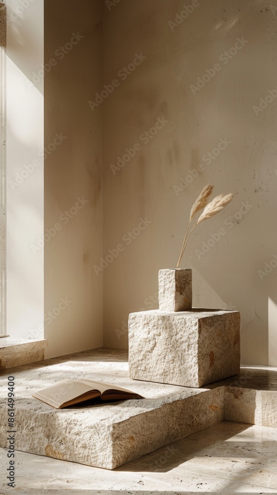 Poster Tranquil Book Display on a Minimalistic Beige Stone Pedestal with Soft Sunlight and Gentle Shadow Patterns