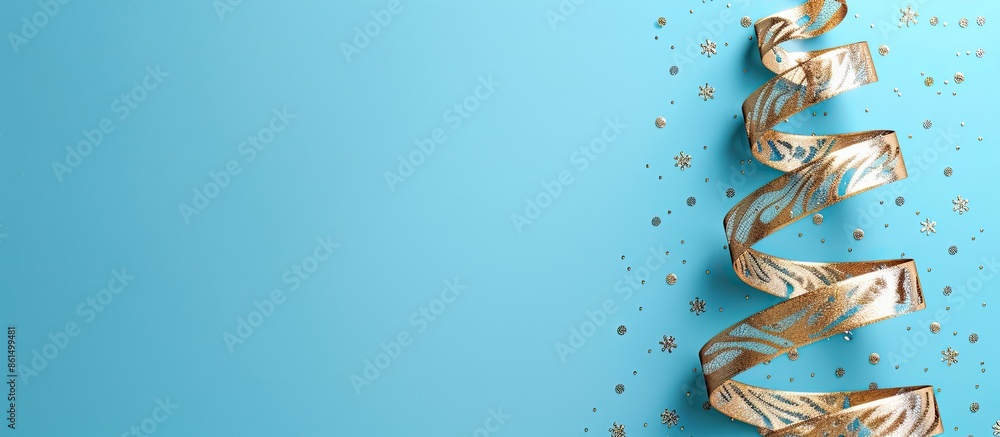 Poster a festive composition with a golden ribbon shaped like a christmas tree on a blue background, featur
