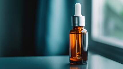 Close-up of an amber dropper bottle with a white cap, placed indoors near a window with soft lighting.