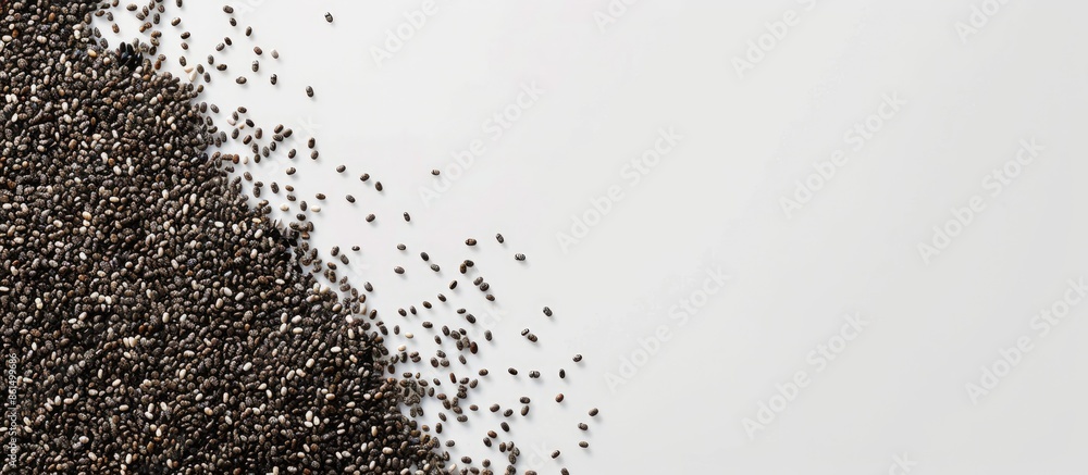 Poster a view from above of chia seeds on a clear white background with ample copy space image.
