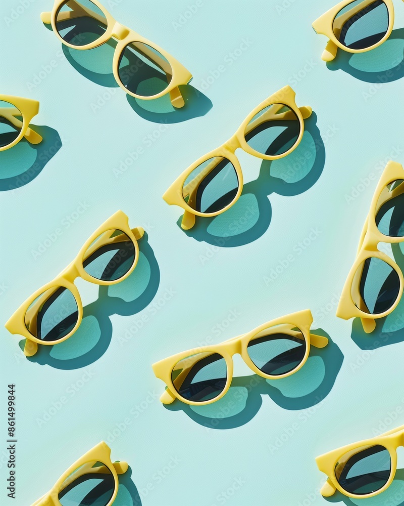 Poster vivid pattern of yellow sunglasses on a turquoise background creating bright and vibrant sunlight ef