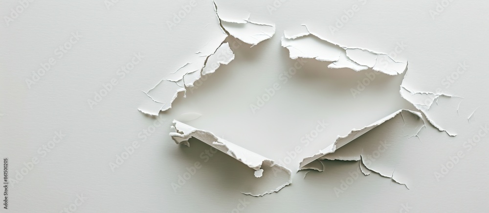Poster a torn hole in paper against a white backdrop with plenty of copy space image available.