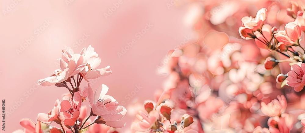 Poster a pink background featuring spring flowers with a lot of space for adding text or other images (copy