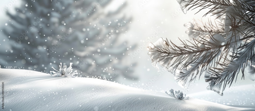 Poster a winter scene featuring snowdrifts and pine branches in a picturesque setting with copy space image
