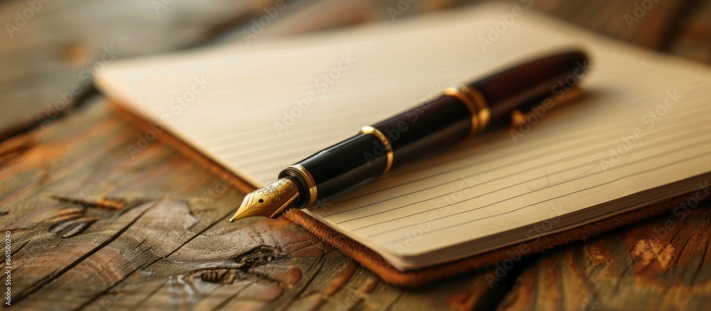 Poster a pen sits on lined notebook paper atop a rustic wooden table with ample copy space image.