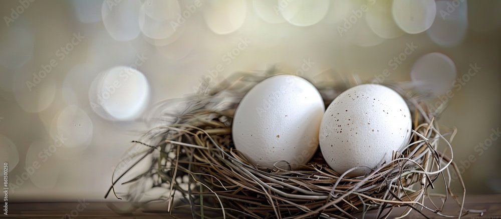Aufkleber a picture showing white chicken eggs on a bird nest with ample copy space in focus.