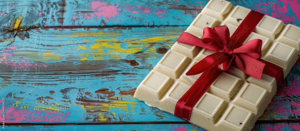 Poster a white chocolate bar with a red bow displayed on a colorful wooden surface, creating an appealing c