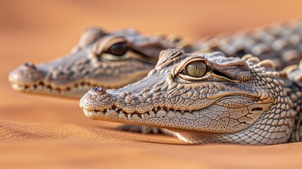 Obraz premium Close up view of adorable baby crocodiles, young reptiles resting on the sandy riverbank
