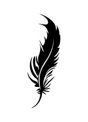 Obraz premium Black fluffy feather. Hand drawing vintage art realistic quill feathers for pen detailed isolated vector elegant silhouette sketch bird plume set