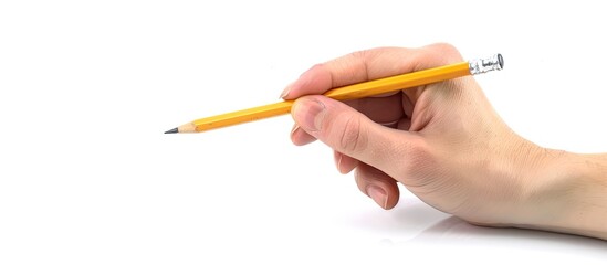 A hand holding a pencil making a drawing or writing gesture against a white backdrop with room for text or images. image with copy space