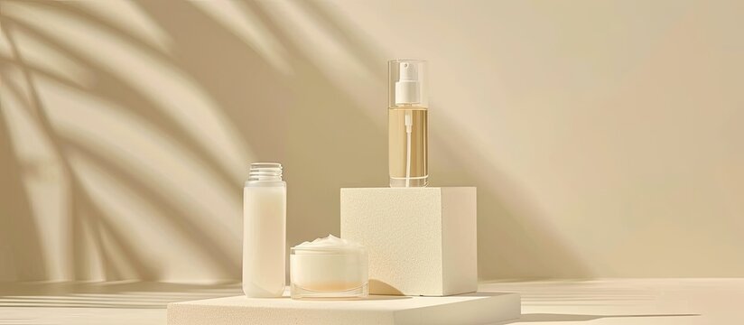 A detailed shot showcasing bottles of micellar water and a glass jar of face cream on white cubes set against a beige background with copy space image.