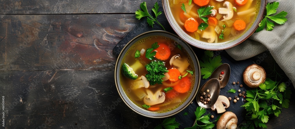 Poster a menu concept featuring a serving of soup with mushrooms and vegetables, displayed from a top view 
