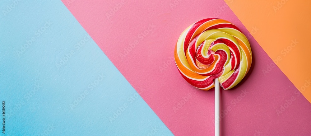Poster a spiral lollipop rests on a colorful background, serving as a joyful decoration in the image with a