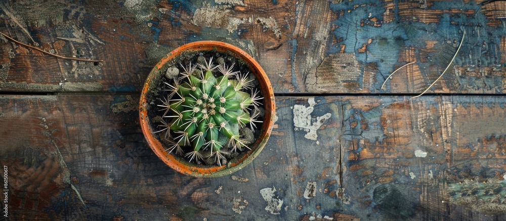 Poster a cactus in a pot photographed from above on a rustic wooden surface with room for text or other ele