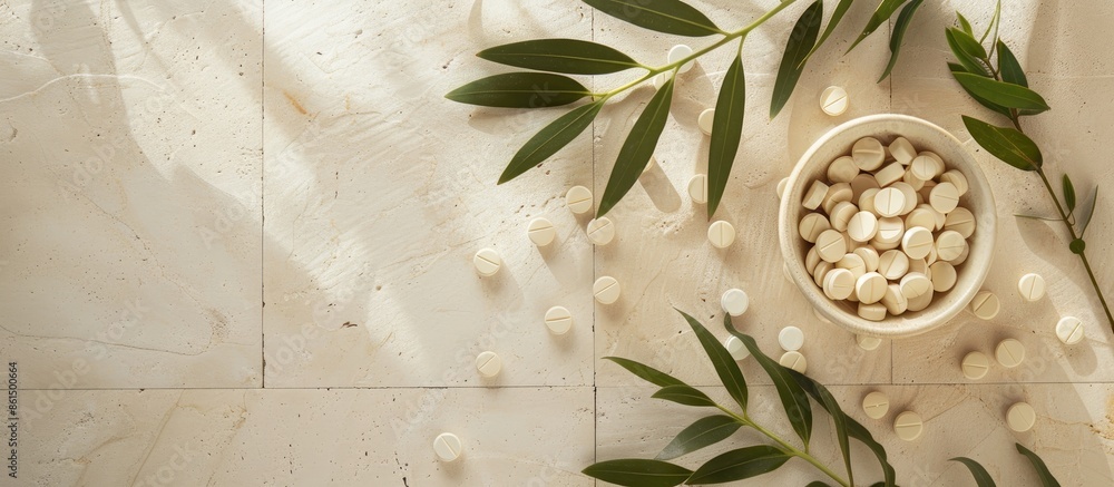 Poster a bowl containing pills and plant branches arranged on a beige tile background with empty space for 