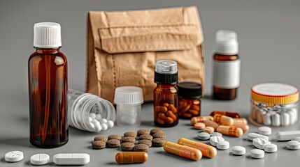 A collection of white plastic medicine bottles and various pills are arranged on a blue tabletop, including some capsules, tablets, and small white beads