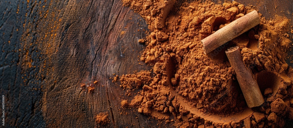Poster a close-up image of fragrant ground cinnamon powder on a textured wooden surface with space for text