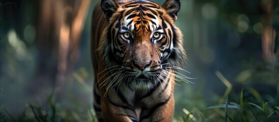 A Sumatran tiger moving freely in its natural habitat with copy space image.