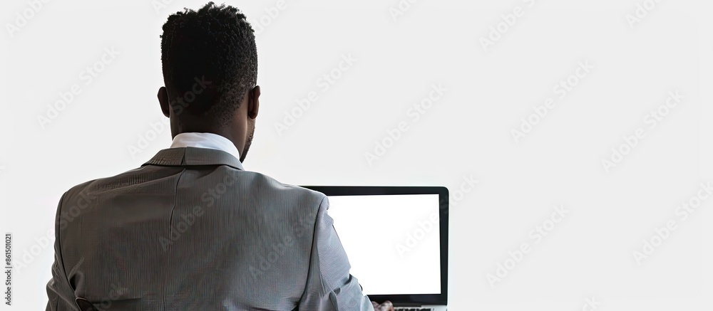 Poster a man using a laptop with a blank screen on a white background in an office setting, ideal for addin