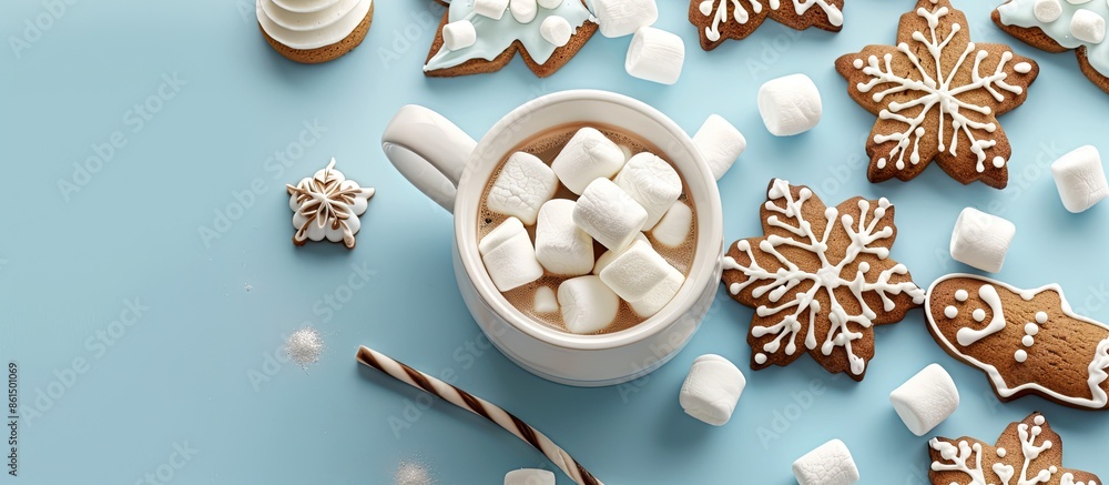 Poster A white cup holds hot chocolate with marshmallows next to Christmas gingerbread on a blue background in a top view setting with copy space image.