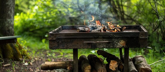 A vintage barbecue with deteriorated firewood, suitable for a rustic culinary experience, surrounded by a natural setting, ideal for a copy space image.
