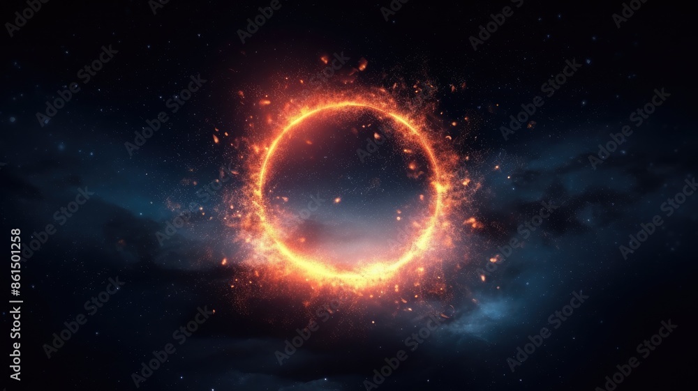 Poster abstract of mysterious geometric shape portal or frame with nebula light release particle or plasma 