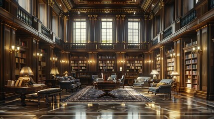 Luxurious library with wooden shelves and antique furniture