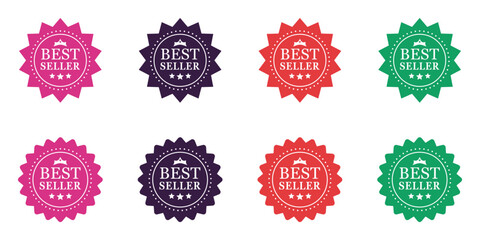 Collection of best seller badge labels, isolated on a white background - Set of best seller badge icons in various colors and styles, each with stars and a crown