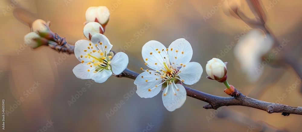 Aufkleber a blooming cherry blossom twig in focus with a blurred background, creating an ideal backdrop for te