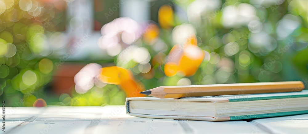 Poster a sharp pencil sits on a white table with a blurred stack of books and a garden background, providin