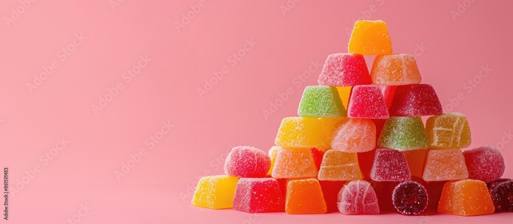 Poster a pyramid of candies placed on a bright background with ample space for adding text or images alongs