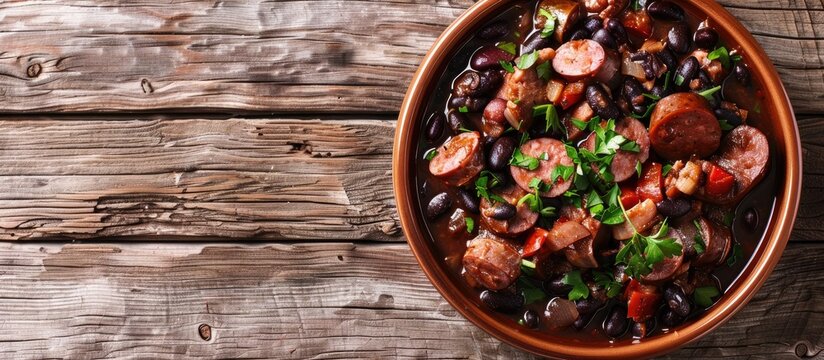 A top view of the traditional Brazilian dish Feijoada with black beans, pork, and sausage, allowing for copy space in the image.