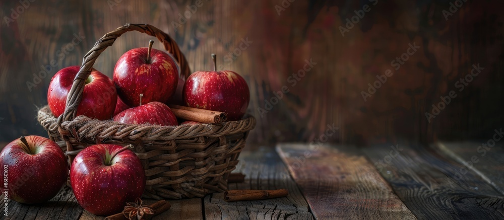 Aufkleber a rustic autumn still life featuring red apples and cinnamon arranged in a wooden basket on a wooden