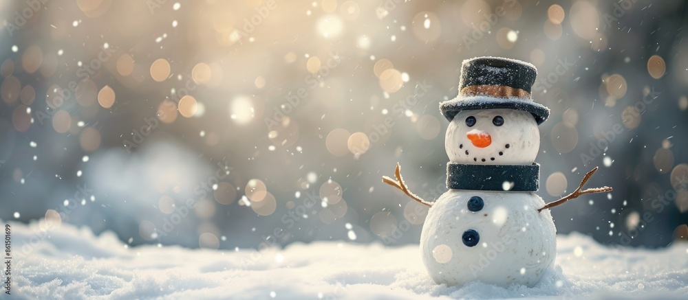 Poster a cute snowman with a carrot nose and a top hat, set against a snowy background in a winter scene wi