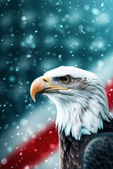 Majestic Independence Day poster featuring a bald eagle with a sharp gaze, set against a sparkling background with red, white, and blue elements, celebrating the 4th of July.