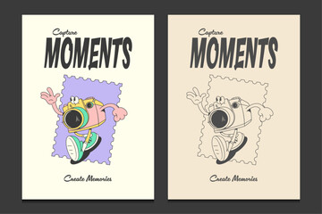 retro poster with a cute camera mascot cartoon character, vector illustration