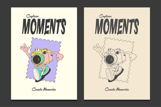 retro poster with a cute camera mascot cartoon character, vector illustration