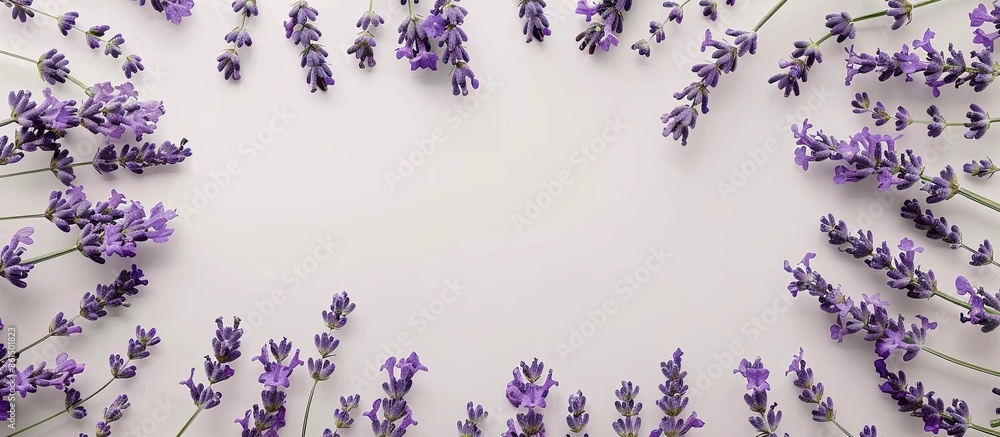 Poster a delicate frame made of lavender sprigs with flowers arranged in an oval on a white background view